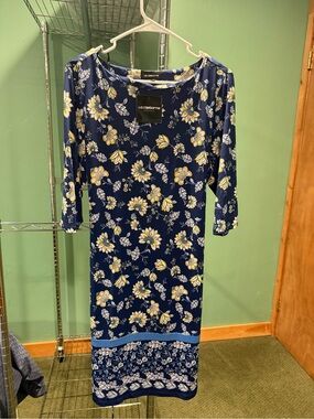 Liz Claiborne Navy Floral Midi Dress with Yellow & White Blooms